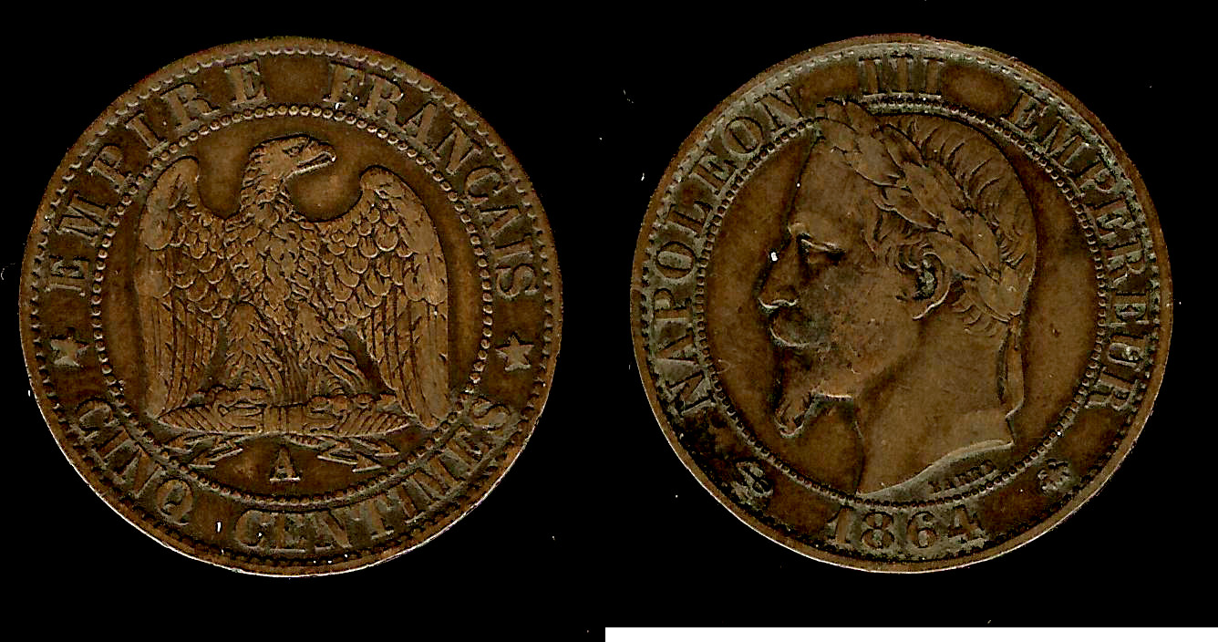 Cinq centimes Napoléon III, tête laurée 1864 Paris TTB- à TTB